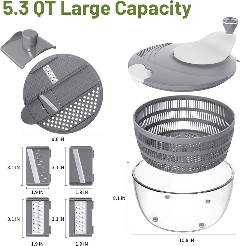 SmartTrends Salad Spinner, 5.3 QT Lettuce Spinner with Strainer, Fruit Cleaner with 4 Replaceable Blade for Shredding, Slicing and Pureeing, Salad Washer & Dryer for Quick Washing (Grey) - Image 2